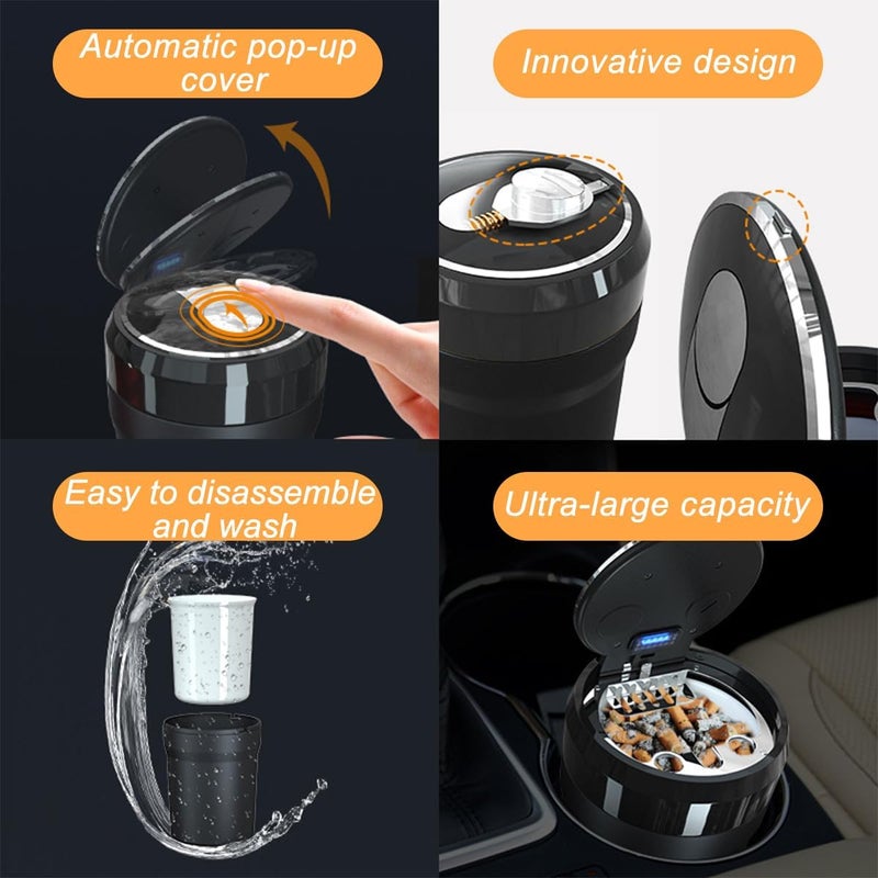 Sandfren Car Ashtray with Lid, Portable Mini Vehicle Smokeless Smoking Cylinder Cup Holder Ash Tray, Detachable Cigarette Trash Can with LED Blue Light, Universal Automotive Accessories(Black) - Image 4